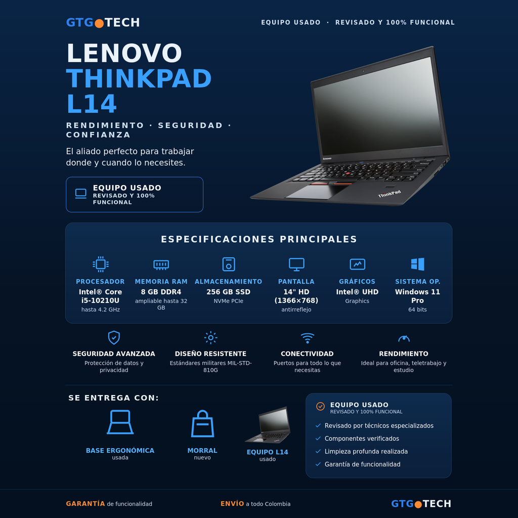 [PORT-LENOVO-L14-8-256] Portátil Lenovo ThinkPad L14 - Core i5 10210U / 8GB / SSD 256GB (Usado)