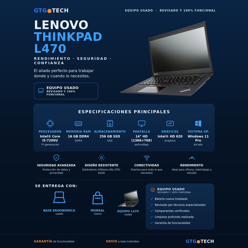 [PORT-LENOVO-L470-16-256] Portátil Lenovo ThinkPad L470 - Core i5 7200U / 16GB / SSD 256GB (Usado)