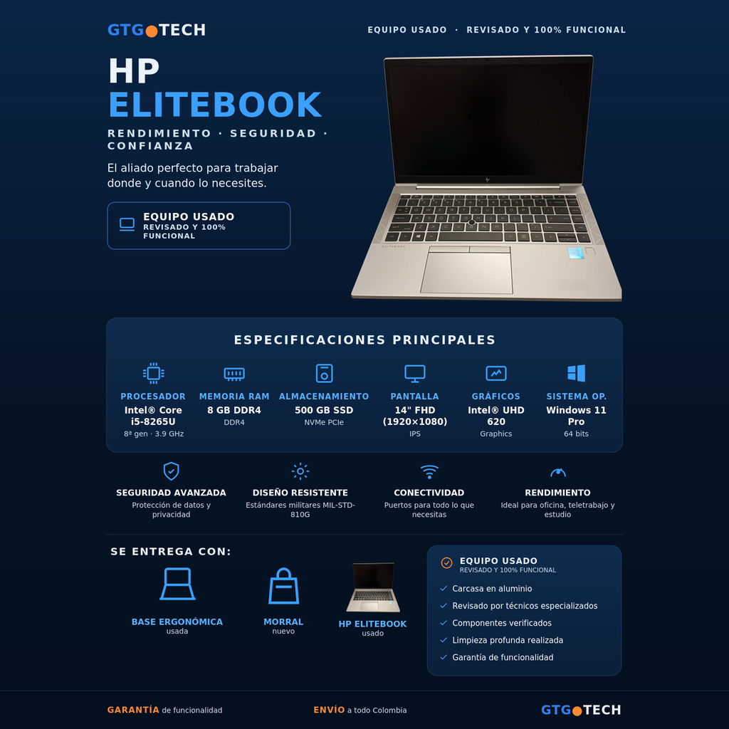 [PORT-HP-ELITEBOOK-8-500] Portátil HP EliteBook - Core i5 8265U / 8GB / SSD 500GB (Usado)
